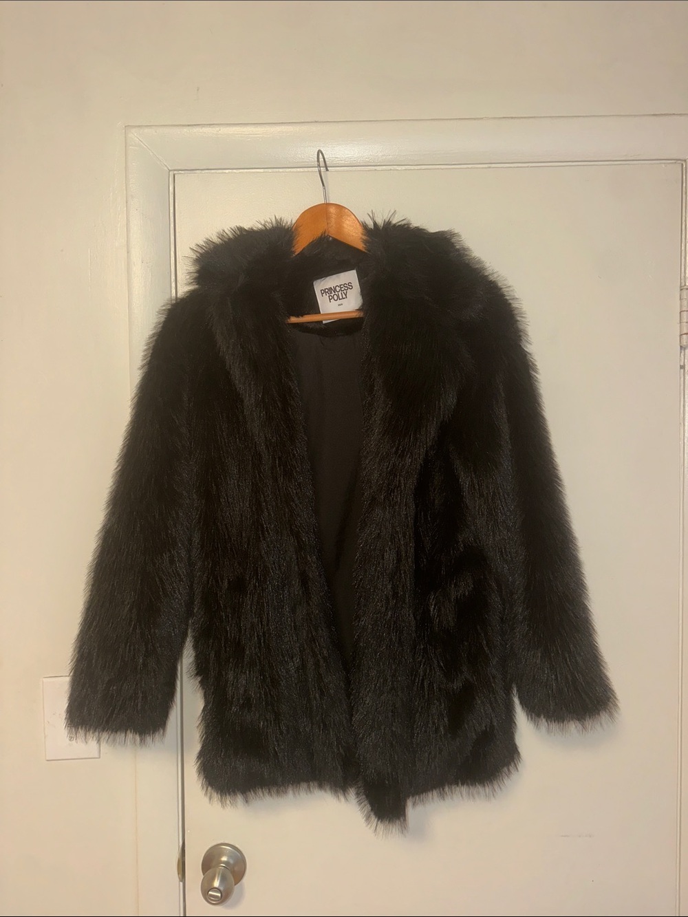 Princess Polly Black Mid Length Faux Fur Coat XS/S